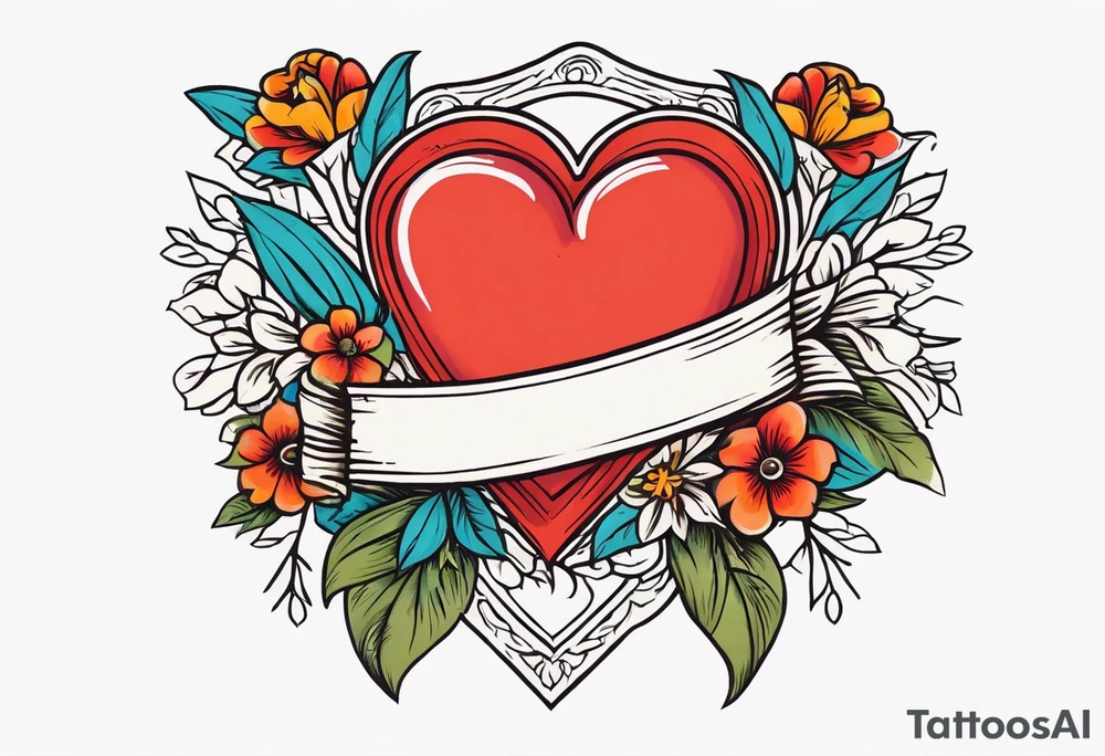 heart traditonal vintage tattoo colorful with flowers and banner tattoo idea