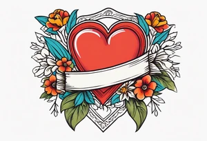 heart traditonal vintage tattoo colorful with flowers and banner tattoo idea