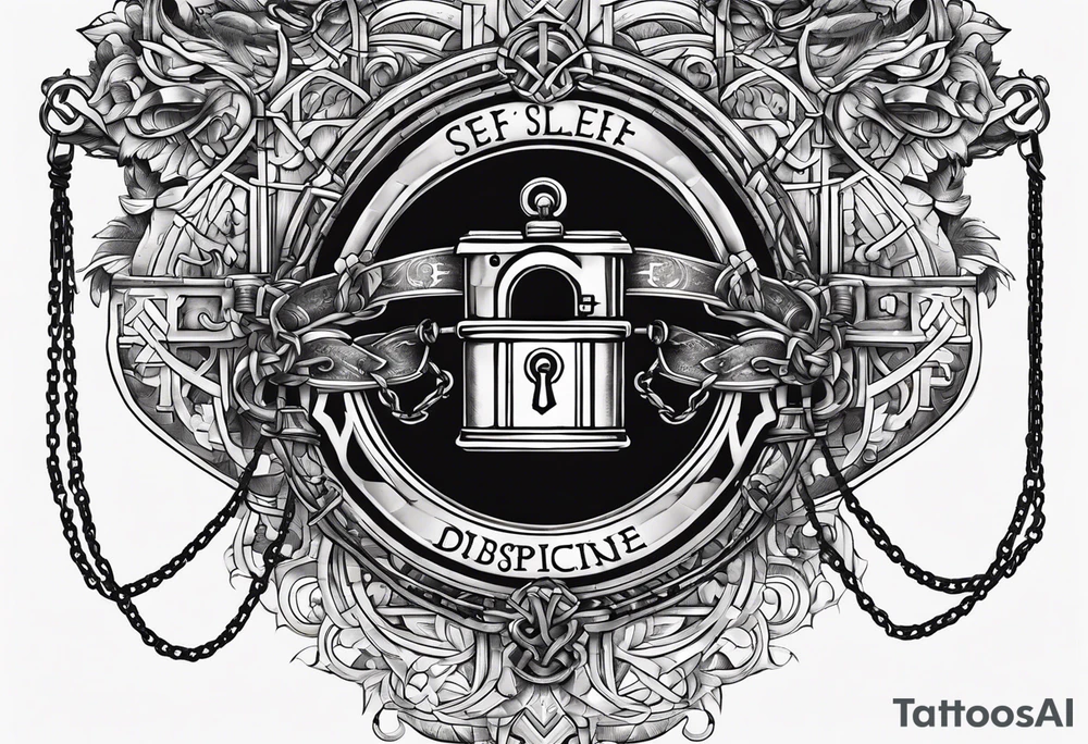 Tattoo of the word 'Self discipline' tied on both ends with metal chains and connected in the middle with a lock tattoo idea