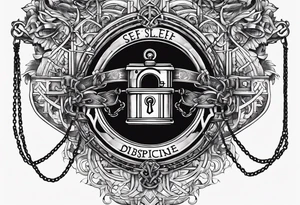 Tattoo of the word 'Self discipline' tied on both ends with metal chains and connected in the middle with a lock tattoo idea