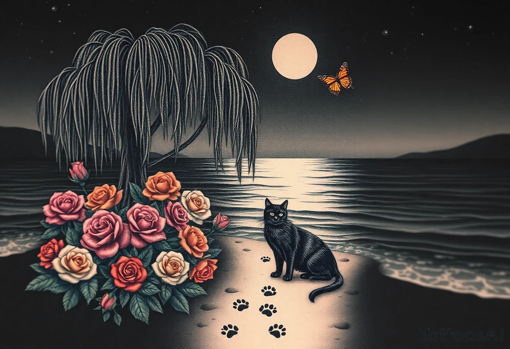 Night time. Ocean.  weeping willow garden with roses and liles flower beds. fantasy creatures, fairies, mermiads, dragons butterflies,  cat paw prints path in dirt. Black cat and orange cat tattoo idea