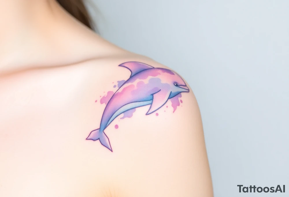 A soft watercolor dolphin in pastel shades of purple and sky-blue, evoking a dreamy, ethereal effect tattoo idea