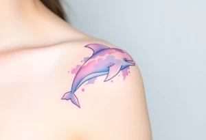 A soft watercolor dolphin in pastel shades of purple and sky-blue, evoking a dreamy, ethereal effect tattoo idea