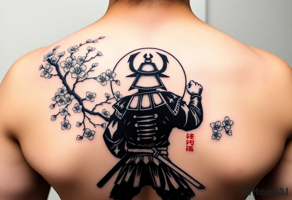 noble samurai warrior silhouette at sunset with cherry blossoms tattoo idea