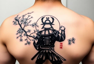 noble samurai warrior silhouette at sunset with cherry blossoms tattoo idea