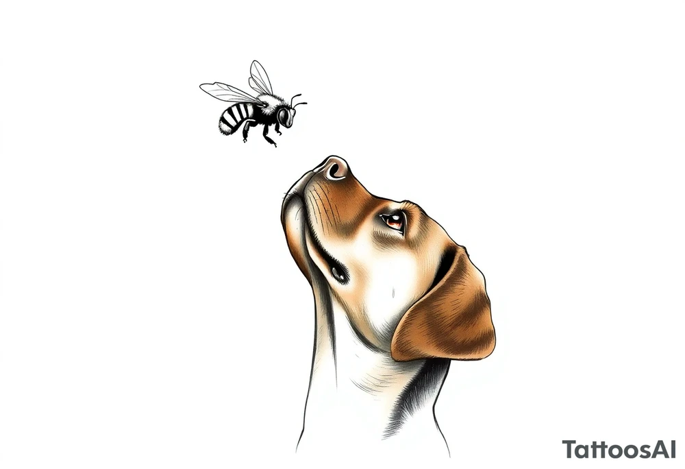 brown lab looking up at a bumble bee like it’s almost about to sniff it but they’re not touching. all black ink and fine line. tattoo idea