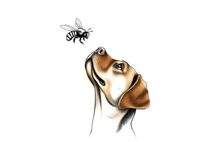 brown lab looking up at a bumble bee like it’s almost about to sniff it but they’re not touching. all black ink and fine line. tattoo idea