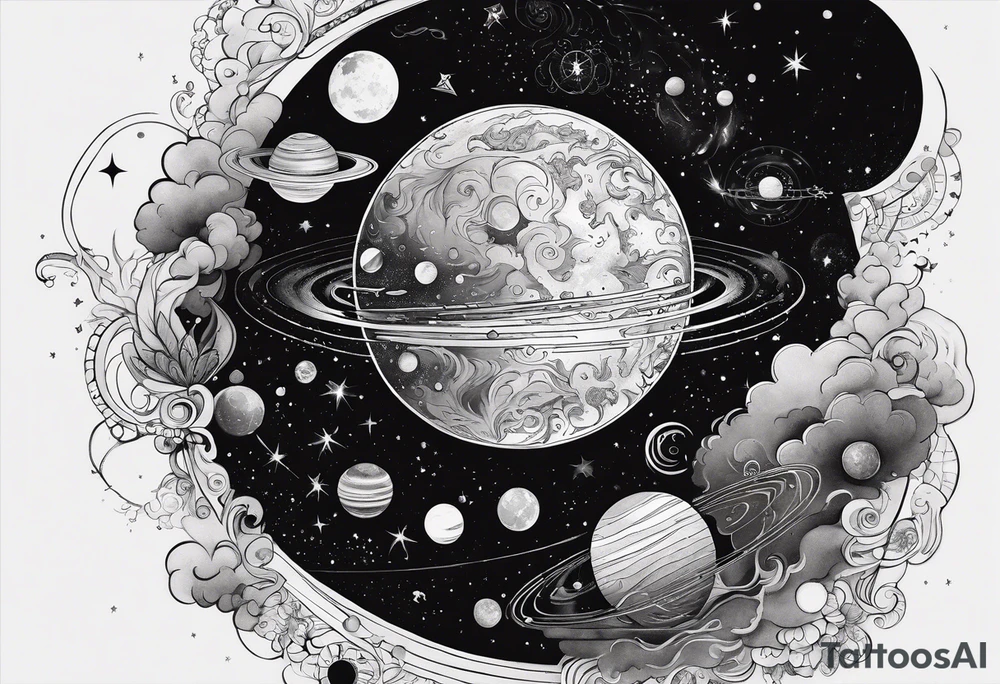 A tattoo featuring a cosmic scene with planets, black holes, and supernovae intertwined with intricate linguistic symbols, reflecting the client's interests in cosmology and linguistics. tattoo idea