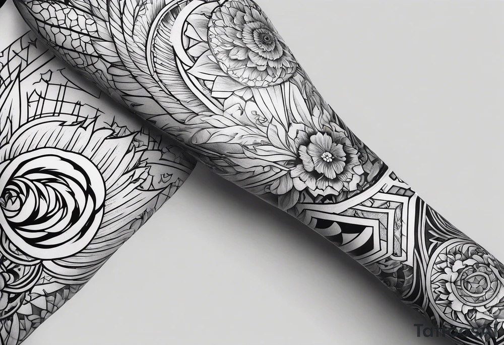 geometric arm sleeve tatoo, with fire and nature tattoo idea