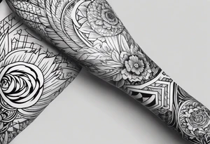 geometric arm sleeve tatoo, with fire and nature tattoo idea