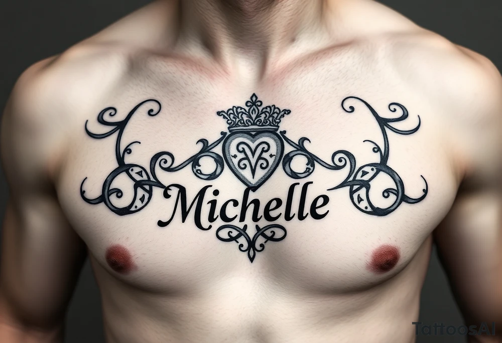 Create a tattoo on a man’s chest if a woman’s name. Claddagh and the name Michelle. Irish themed with Celtic knot design throughout. tattoo idea