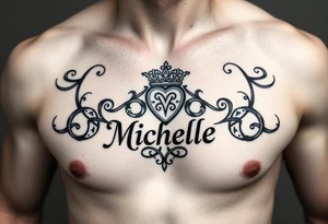 Create a tattoo on a man’s chest if a woman’s name. Claddagh and the name Michelle. Irish themed with Celtic knot design throughout. tattoo idea