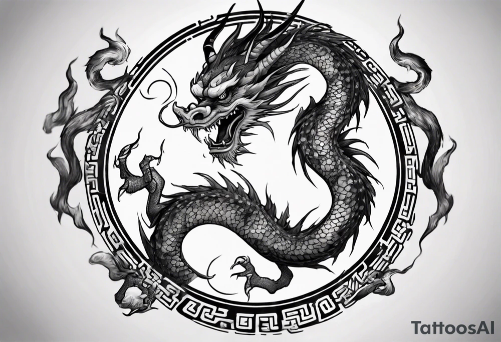 Chinese dragon in a circular shape with "02.03" written on its skin tattoo idea