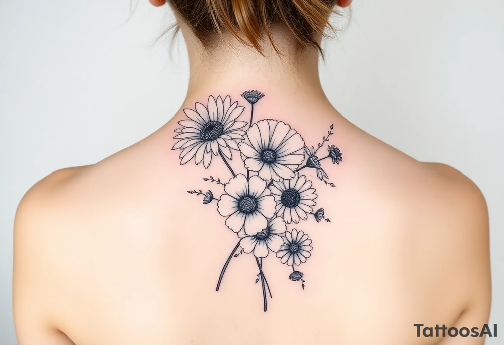 Flower bouquet with chrysanthemum, poppy, cosmo, daisy tattoo idea