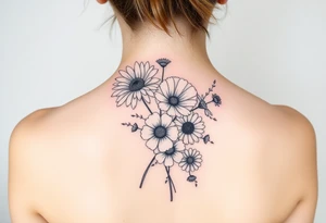 Flower bouquet with chrysanthemum, poppy, cosmo, daisy tattoo idea