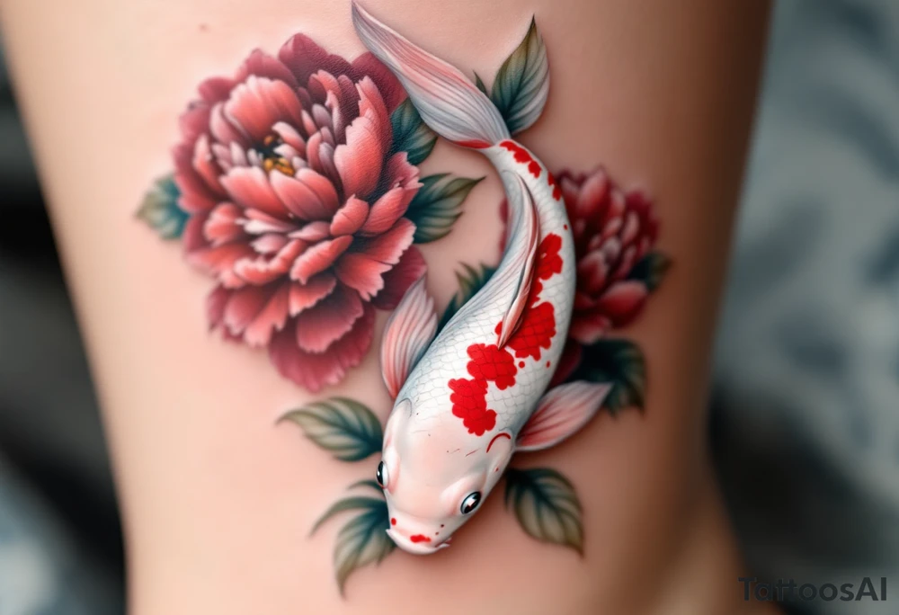White and Red Koi with Peonies – A creamy white koi fish with red fins, gracefully weaving between lush burgundy peony blooms, representing elegance and inner strength. tattoo idea