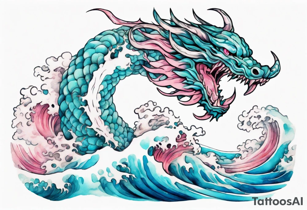 a beautiful turquoise pink and white sea  Fafnir rising from the blue waves of the ocean tattoo idea