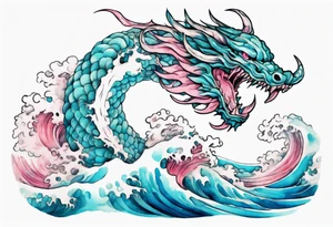 a beautiful turquoise pink and white sea  Fafnir rising from the blue waves of the ocean tattoo idea