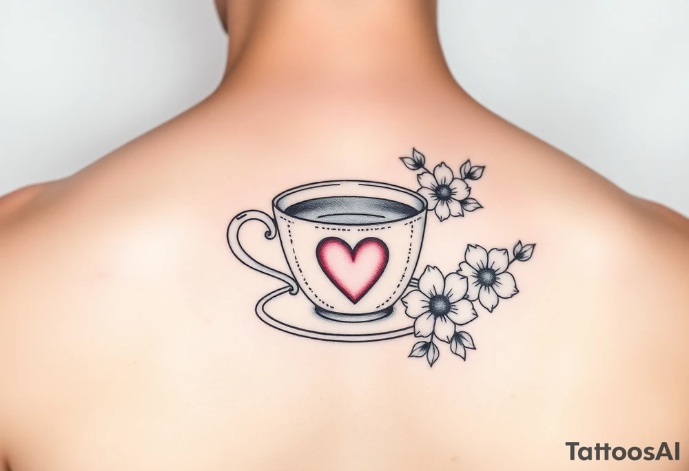 Cute vintage dainty cup of tea with a love heart and flowers tattoo idea
