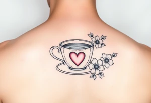 Cute vintage dainty cup of tea with a love heart and flowers tattoo idea