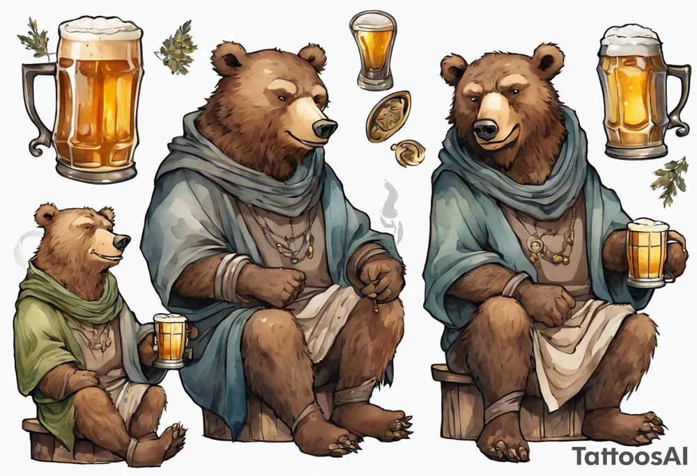 a medieval bear-human hybrid wearing a tunic and cowl and drinking from a pewter mug of beer in a tavern, laughing tattoo idea