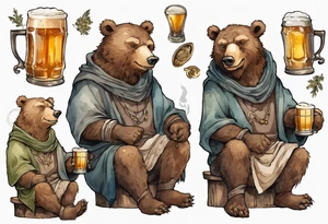 a medieval bear-human hybrid wearing a tunic and cowl and drinking from a pewter mug of beer in a tavern, laughing tattoo idea