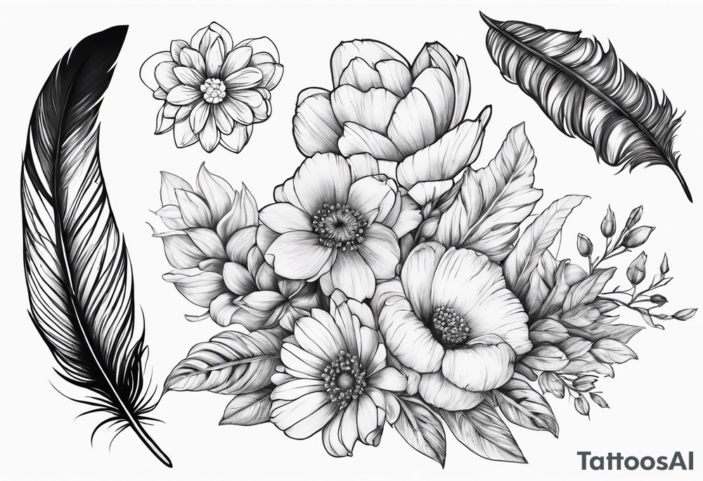 Feather with may and February birth flowers tattoo idea
