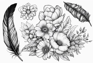 Feather with may and February birth flowers tattoo idea