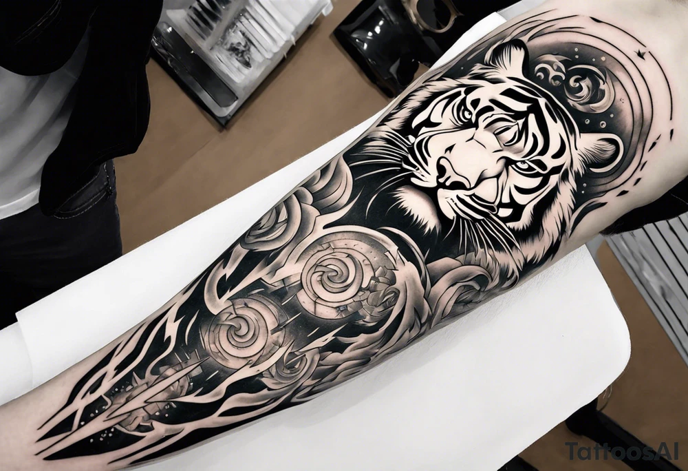 Tiger Warrior sleeve tattoo with lightning and the sun
Forearm sleeve tattoo idea