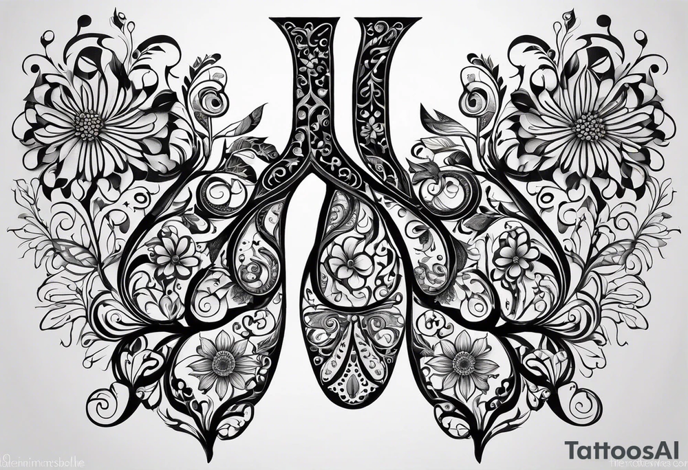 intricate and artistic arrangement of flowers and ornamental patterns that come together to form the shape of human lungs. The design should have a balance of delicacy and detail, with vibrant floral elements seamlessly intertwining to mimic the structure of the lungs, including the bronchi branching into floral motifs. Incorporate subtle shading and depth to give the tattoo a dynamic and organic feel, while maintaining elegance and symmetry tattoo idea