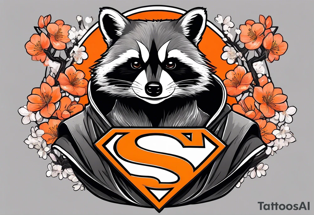 Raccoon wearing a white Superman logo on a black hoodie and orange Japanese cherry blossoms tattoo idea
