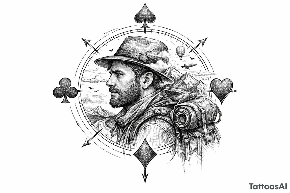 Fine line surreal portrait of a traveler with club crests as compass points tattoo idea