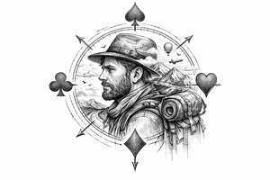 Fine line surreal portrait of a traveler with club crests as compass points tattoo idea