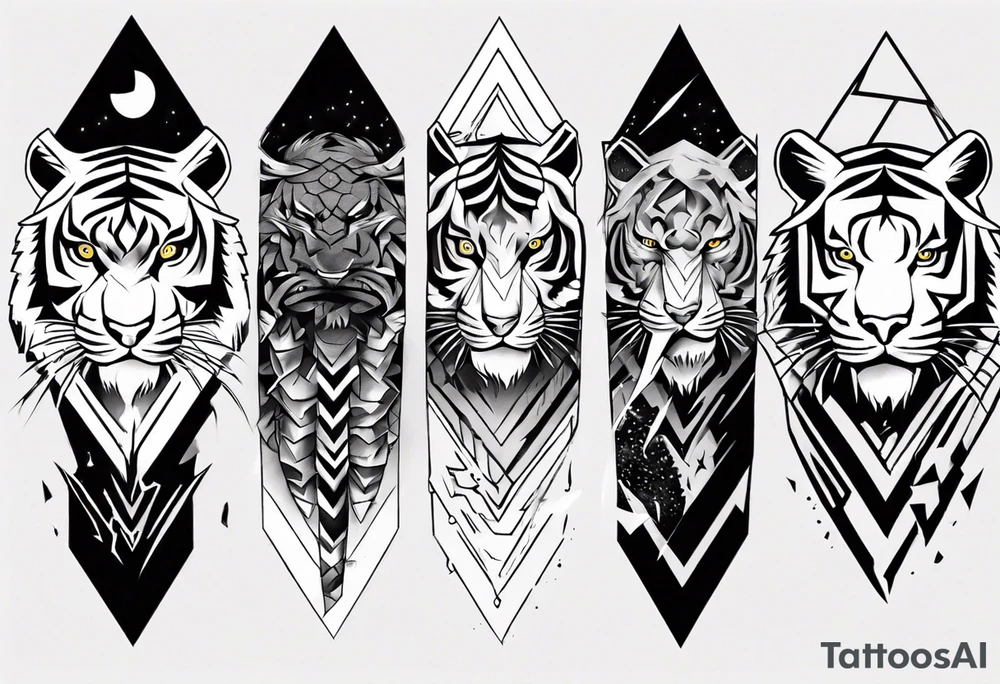tiger warrior with lightning and the sun for a forearm sleeve tattoo idea