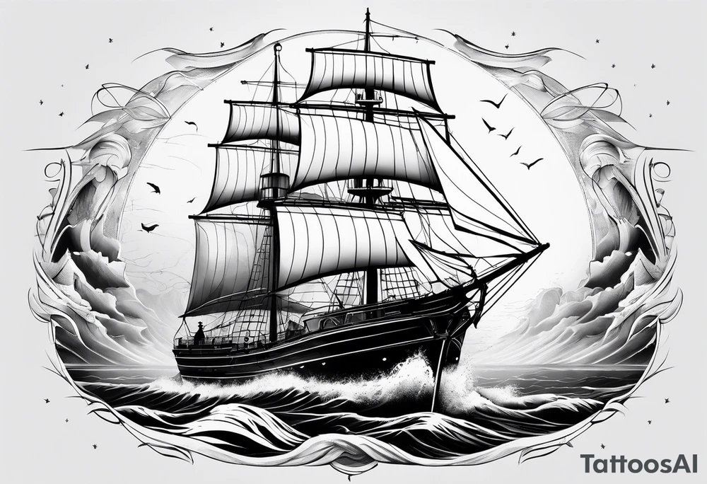 ghost marine lighthouse behind the bow of a sailboat. tattoo idea