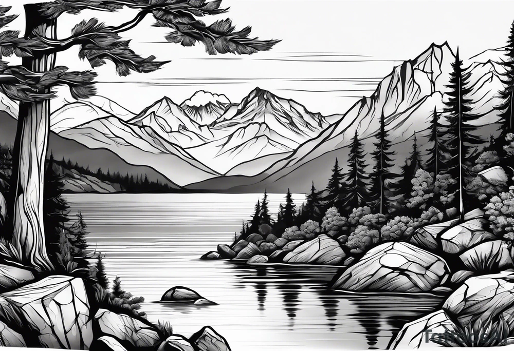 Lake view with mountains, splitted by rocks and trees and a Sea view port syle tattoo idea