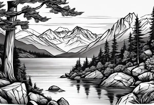Lake view with mountains, splitted by rocks and trees and a Sea view port syle tattoo idea