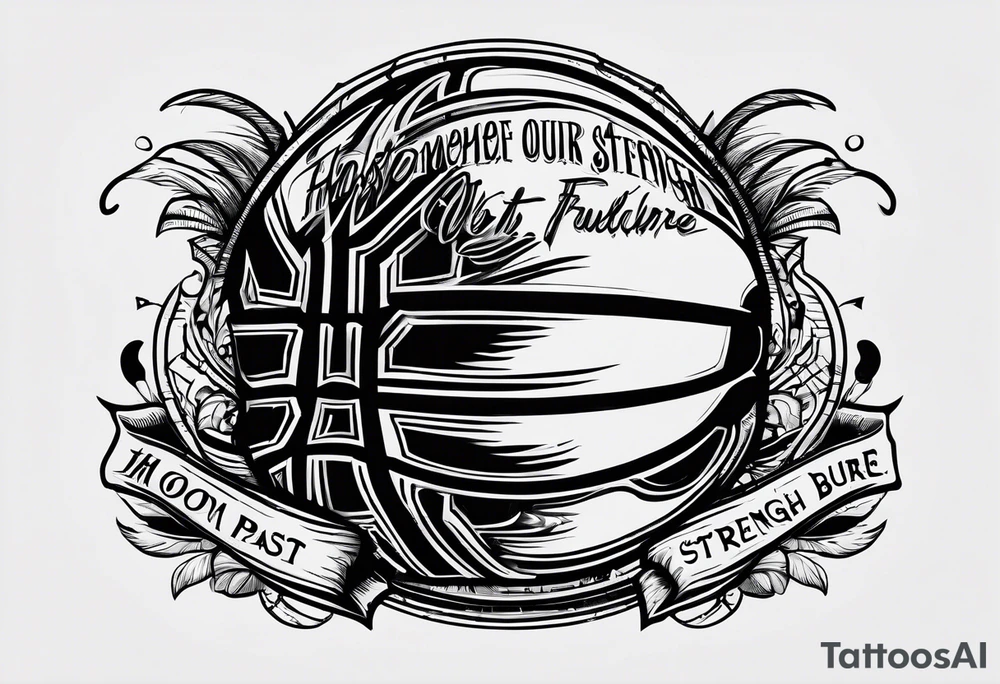 this saying in cursive 
"The past only builds strength to our future" through or around a basketball with the name Moore Somewhere tattoo idea