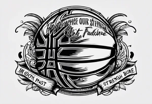 this saying in cursive 
"The past only builds strength to our future" through or around a basketball with the name Moore Somewhere tattoo idea