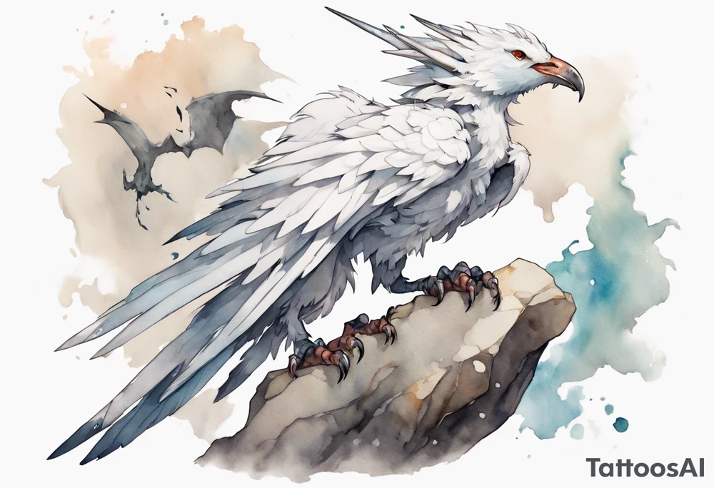a white bird-wyvern hybrid, wearing an iron collar, perched on a stone tattoo idea