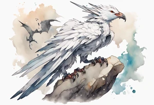 a white bird-wyvern hybrid, wearing an iron collar, perched on a stone tattoo idea