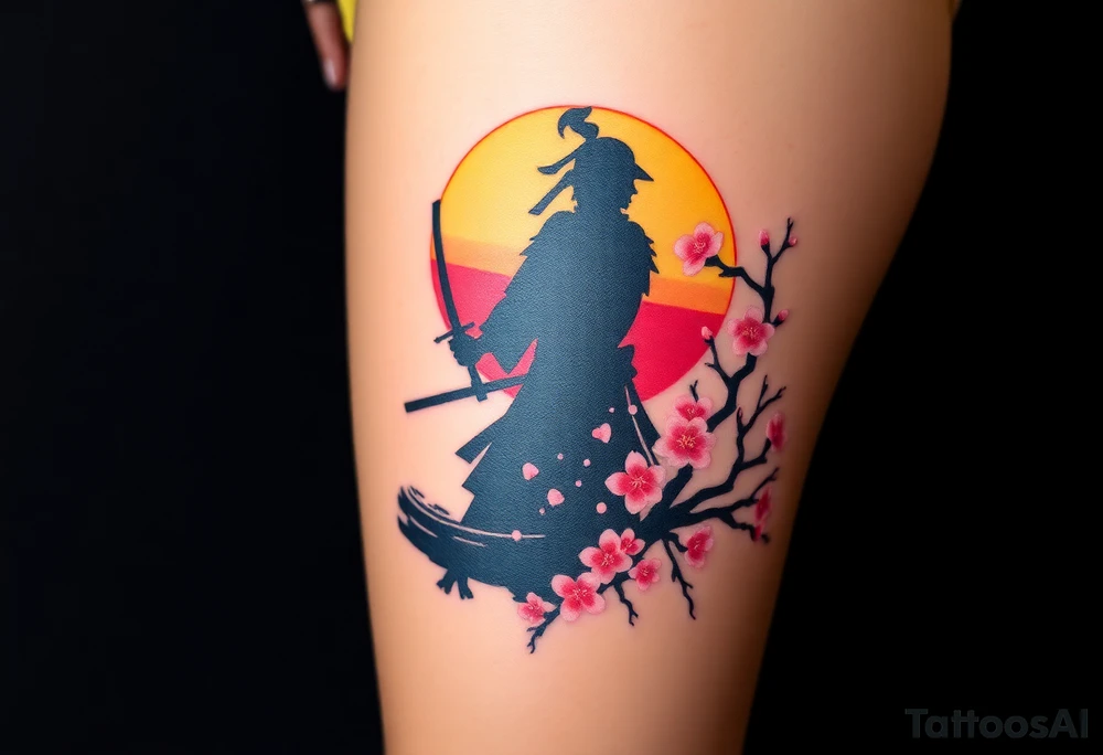 noble samurai warrior silhouette at sunset with cherry blossoms tattoo idea