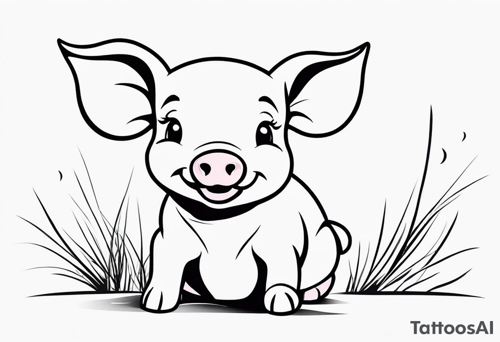 very cute happy piglet with small ears.
outline only.
black and white only.
only show the piglet. no extra lines or decoration.
no black shading.
draw only with very thin lines (1px)

should look like a tattoo that will only take 2 minutes to draw tattoo idea