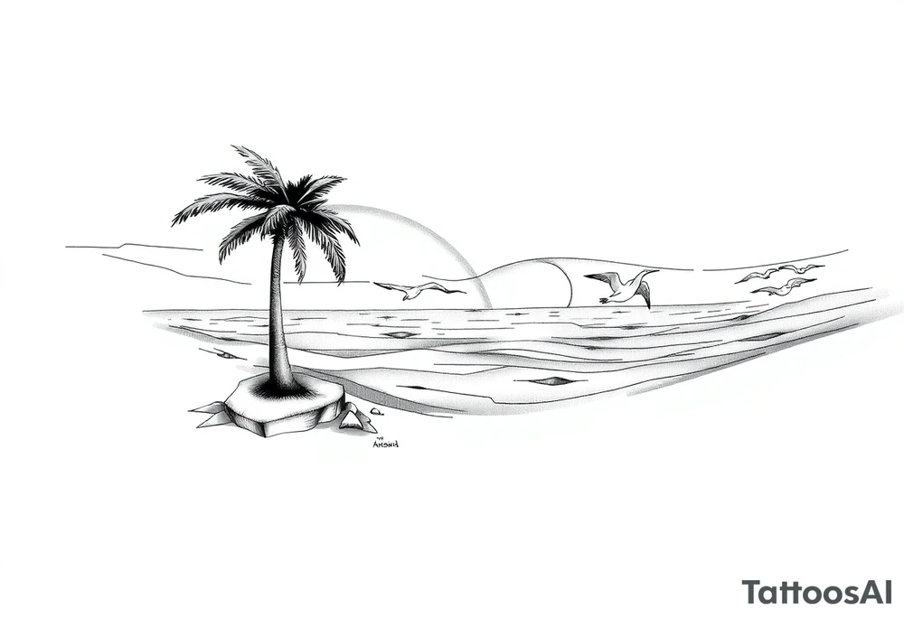 fine line, peaceful, serene, timeless, ocean, sand, palm tree, seagulls, sun tattoo idea