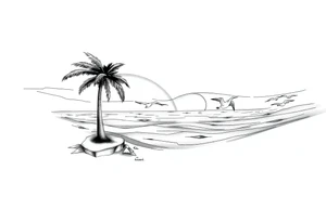 fine line, peaceful, serene, timeless, ocean, sand, palm tree, seagulls, sun tattoo idea