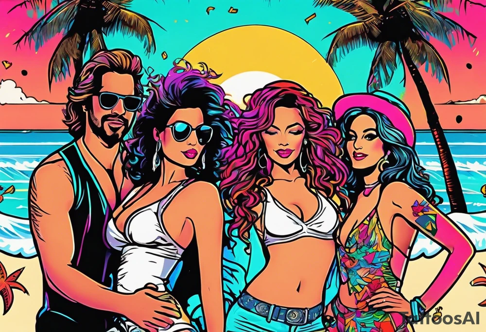 1980's miami vice style beach dance 
party, include confetti, music notes, boom box, bikinis sunset in the center tattoo idea