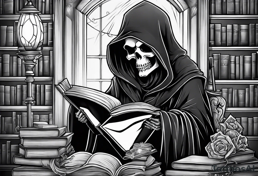 cute grim reaper sitting down reading books tattoo idea