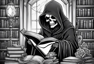 cute grim reaper sitting down reading books tattoo idea