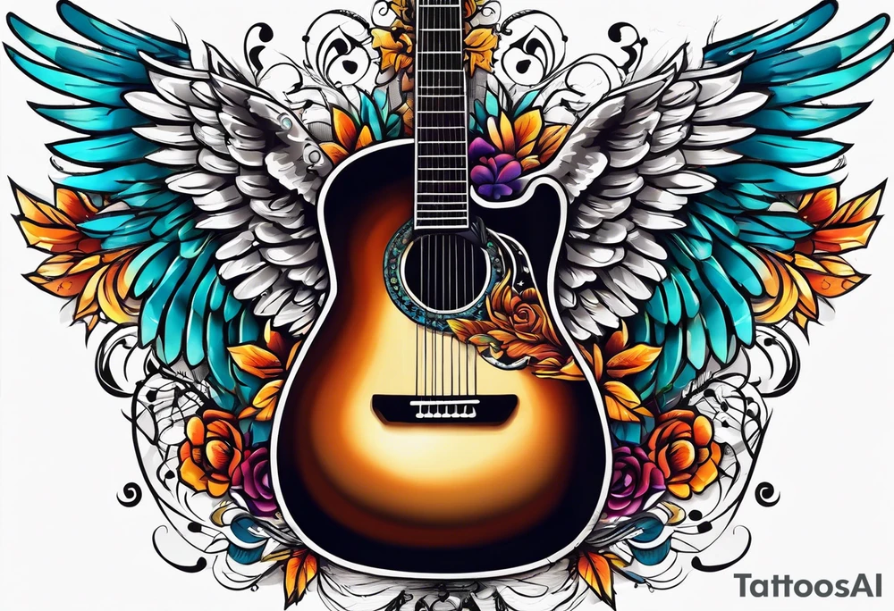 Microphone and musical notes and guitar and wings and music is medicine tattoo idea