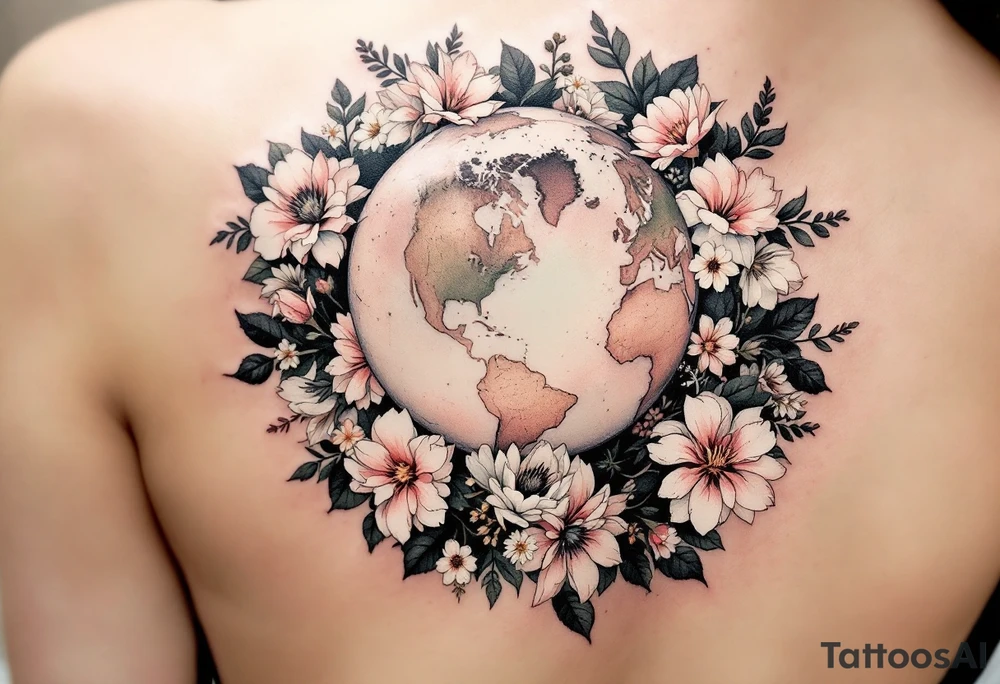 A globe encircled by blooming flowers in soft pastels rests on a bed of lush green continents. tattoo idea